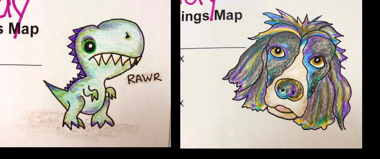 Pencil drawings of a cute dinosaur and a dog